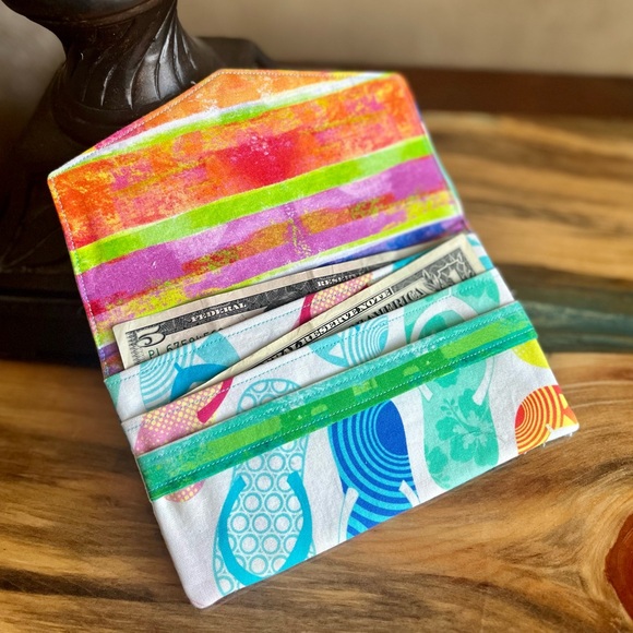 Cash Envelope/Receipt holder Fabric Handmade Wallet Bright Flip Flops & Stripes - Picture 2 of 4